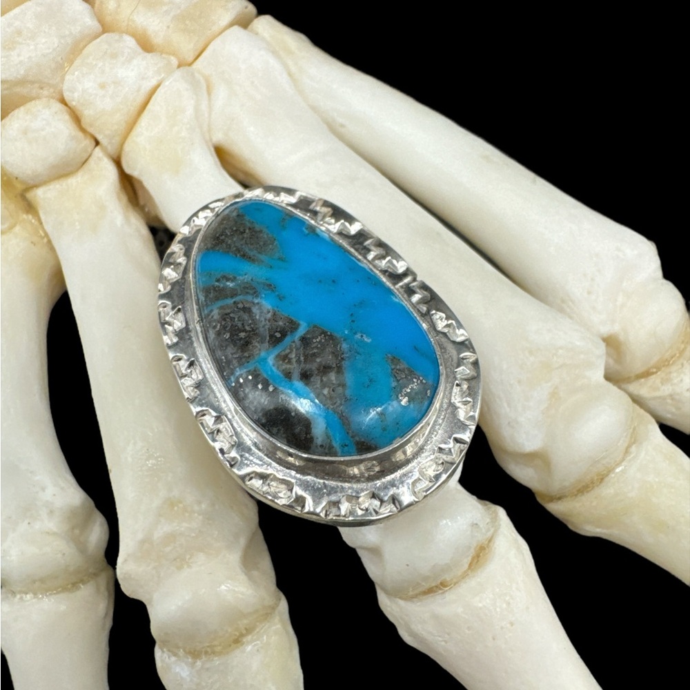 Vintage Sterling Navajo Chippewa Morenci Turquoise Johnny Chavez Ring Size 8.75